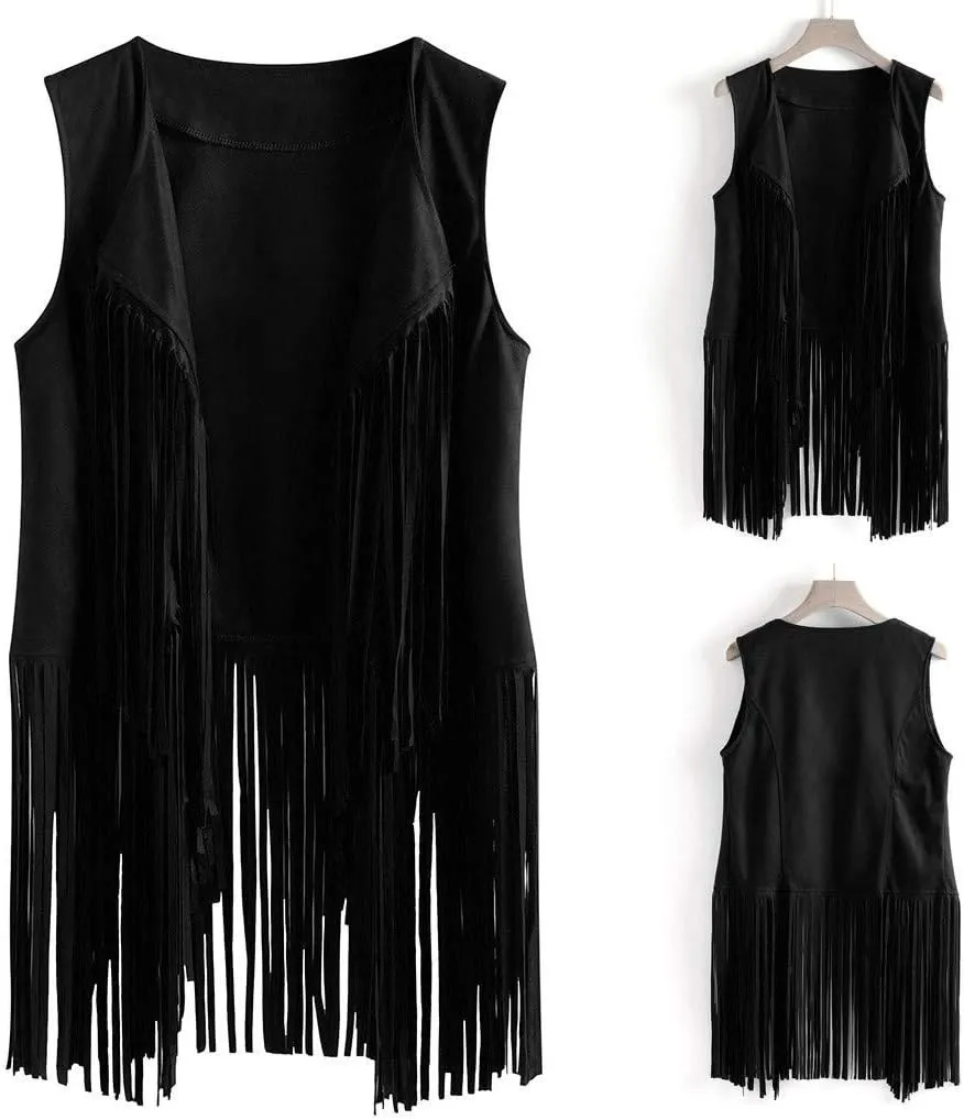 Womens Retro Western Fringe Vest Tops Classic Suede Leather 70s Cowboy Shirt Sleeveless Tassels Cardigan Jackets