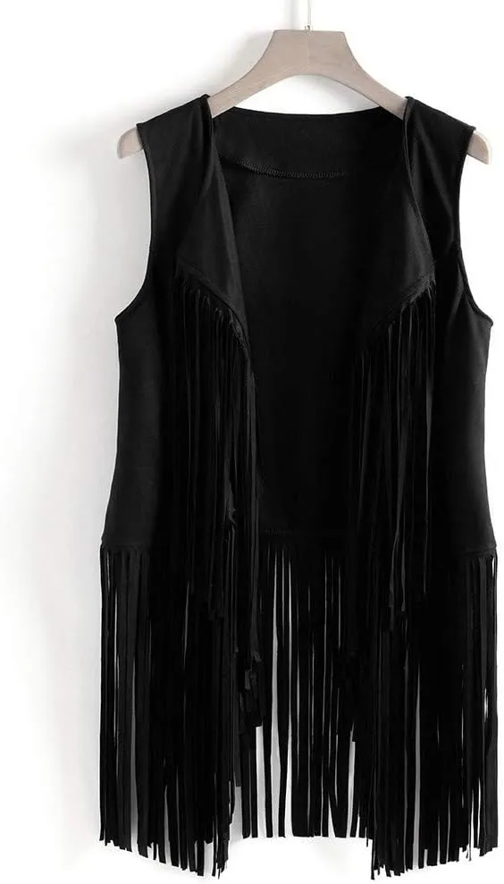 Womens Retro Western Fringe Vest Tops Classic Suede Leather 70s Cowboy Shirt Sleeveless Tassels Cardigan Jackets