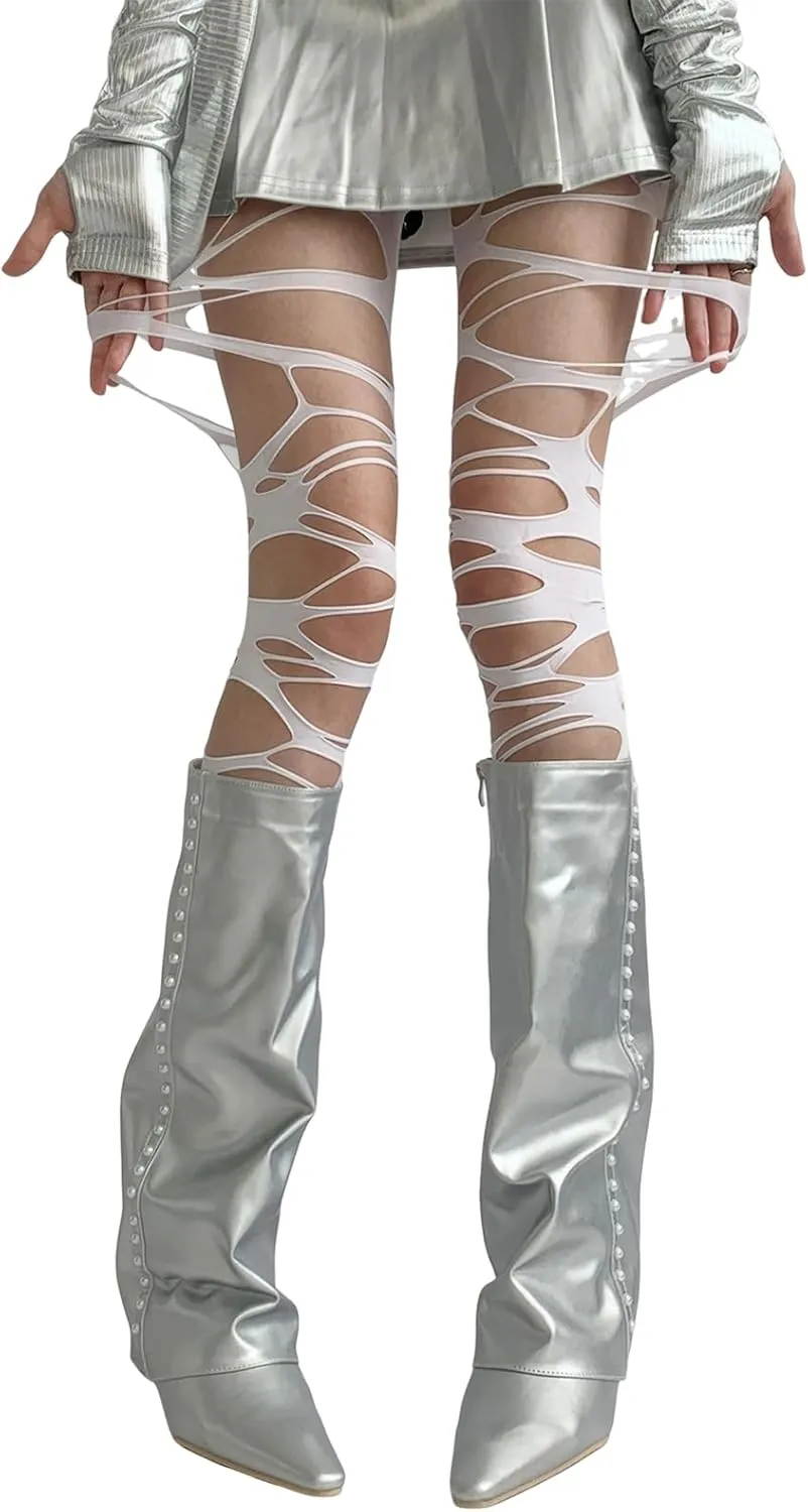 Women's Ripped Tights Gothic Fishnet Stocking Y2k Ragged Pantyhose Halloween Cosplay Party Hosiery Accessories