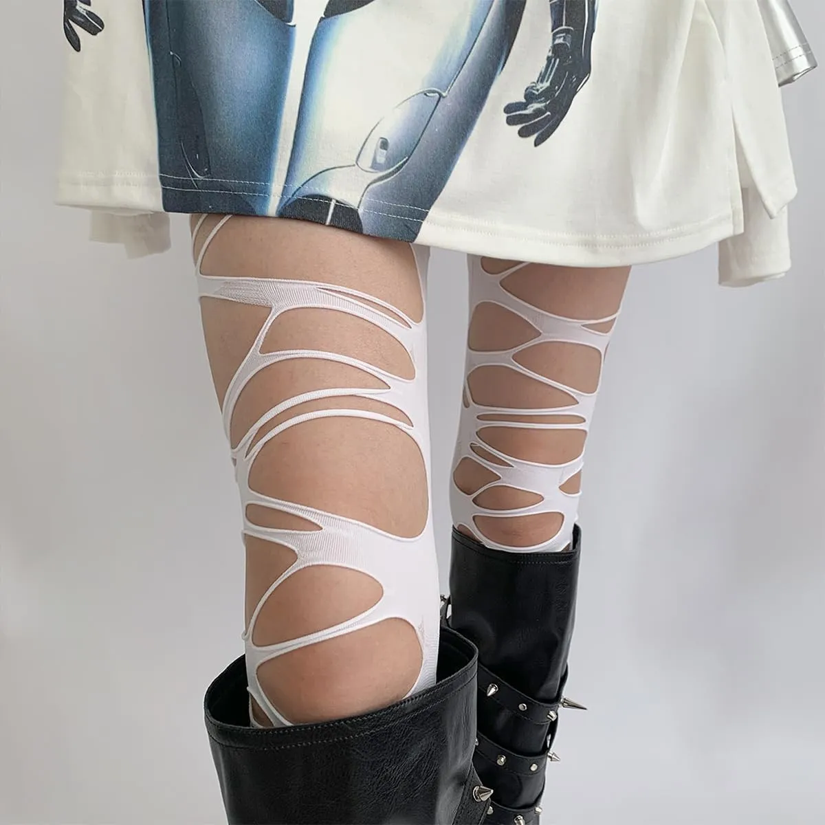 Women's Ripped Tights Gothic Fishnet Stocking Y2k Ragged Pantyhose Halloween Cosplay Party Hosiery Accessories