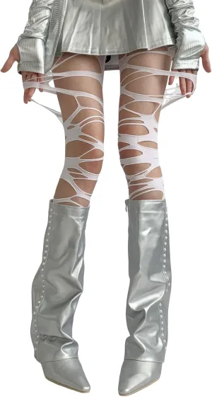 Women's Ripped Tights Gothic Fishnet Stocking Y2k Ragged Pantyhose Halloween Cosplay Party Hosiery Accessories