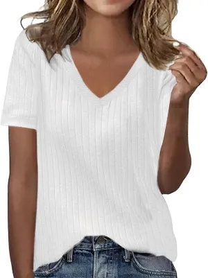 Womens Short Sleeve Knit Sweater Tops Casual Pullover Breathable V Neck Summer Striped T Shirts