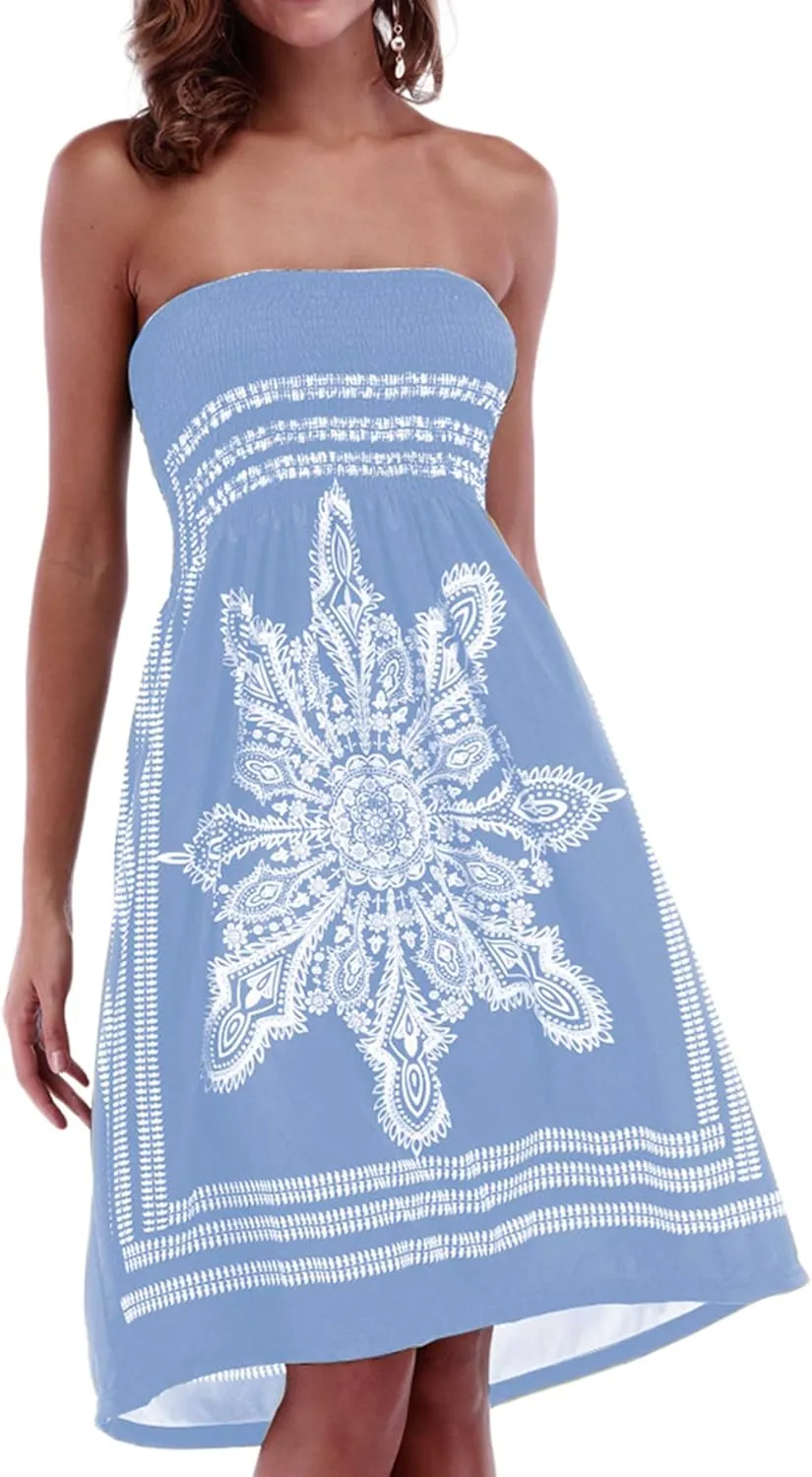 Women's Strapless Floral Bohemian Casual Mini Beach Dress Cover-ups Dress