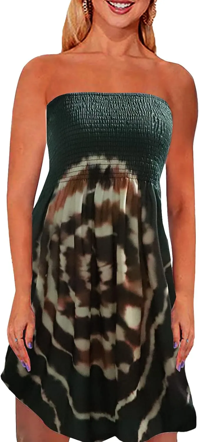 Women's Strapless Floral Bohemian Casual Mini Beach Dress Cover-ups Dress