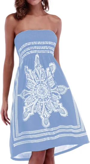 Women's Strapless Floral Bohemian Casual Mini Beach Dress Cover-ups Dress