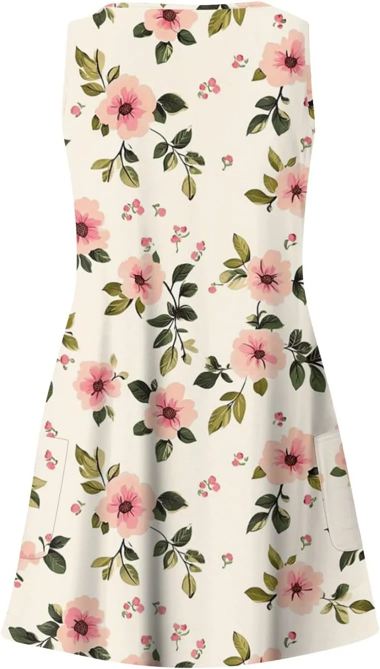 Womens Summer Dresses 2025 V Neck Sundress Sleeveless Beach Dress with Pocket Casual Printed Swimsuit Coverup
