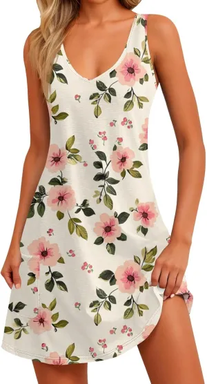 Womens Summer Dresses 2025 V Neck Sundress Sleeveless Beach Dress with Pocket Casual Printed Swimsuit Coverup