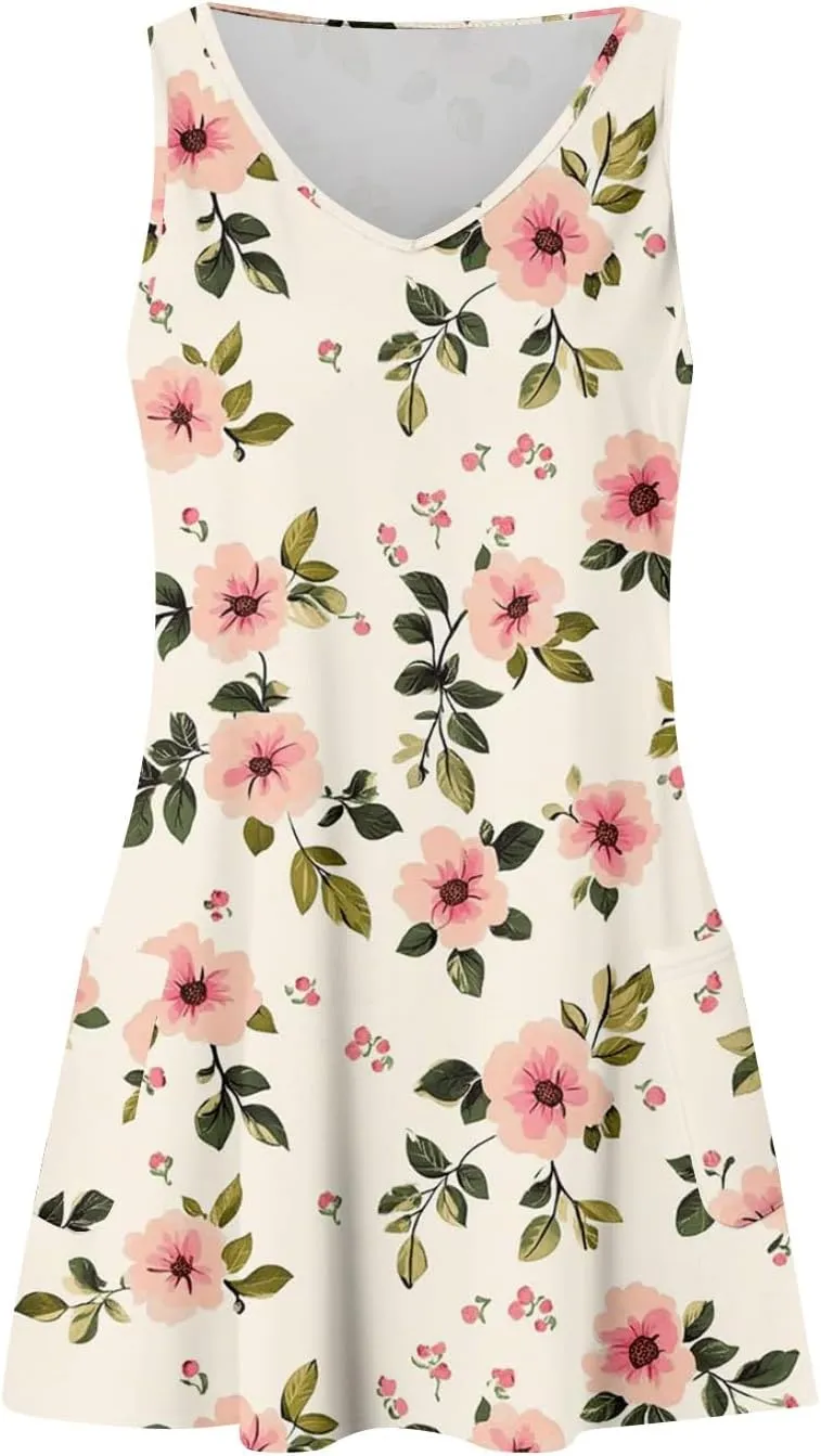 Womens Summer Dresses 2025 V Neck Sundress Sleeveless Beach Dress with Pocket Casual Printed Swimsuit Coverup