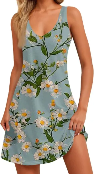 Women's Summer Dresses Beach Printed Swimsuit Coverup Vacation 2025 Sundress V Neck Sleeveless Dress with Pocket