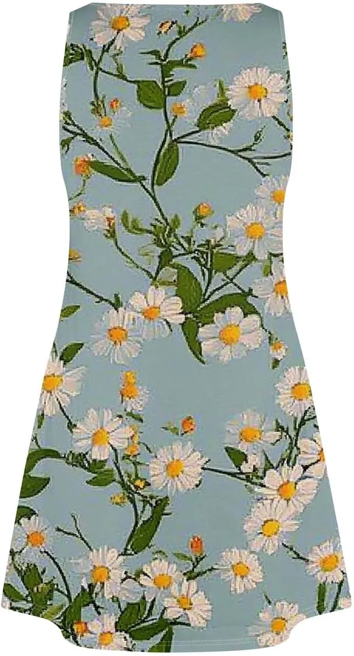 Women's Summer Dresses Beach Printed Swimsuit Coverup Vacation 2025 Sundress V Neck Sleeveless Dress with Pocket