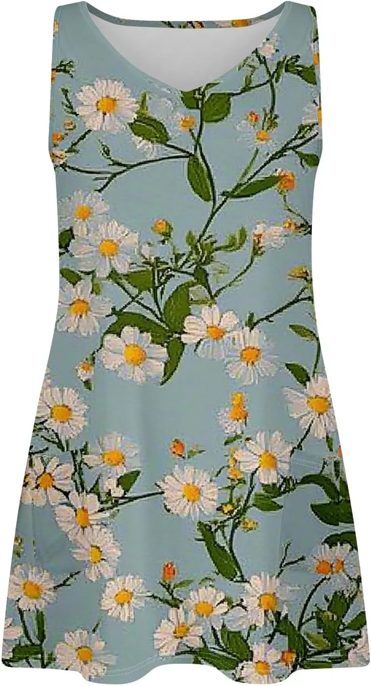 Women's Summer Dresses Beach Printed Swimsuit Coverup Vacation 2025 Sundress V Neck Sleeveless Dress with Pocket
