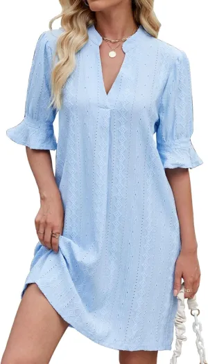 Womens Summer Dresses Ruffle Short Sleeve V Neck Shift Dress Casual Flowy Eyelet Embroidery Mini Dress