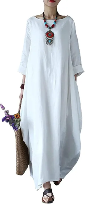 Womens Summer Loose Long Sleeve Midi Dress Cotton Linen Caftan Casual Crewneck Flowy Baggy Kaftan Dresses Pockets