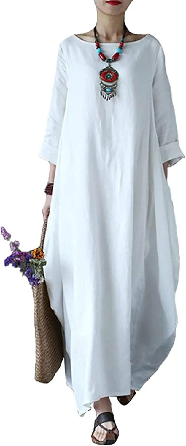 Womens Summer Loose Long Sleeve Midi Dress Cotton Linen Caftan Casual Crewneck Flowy Baggy Kaftan Dresses Pockets