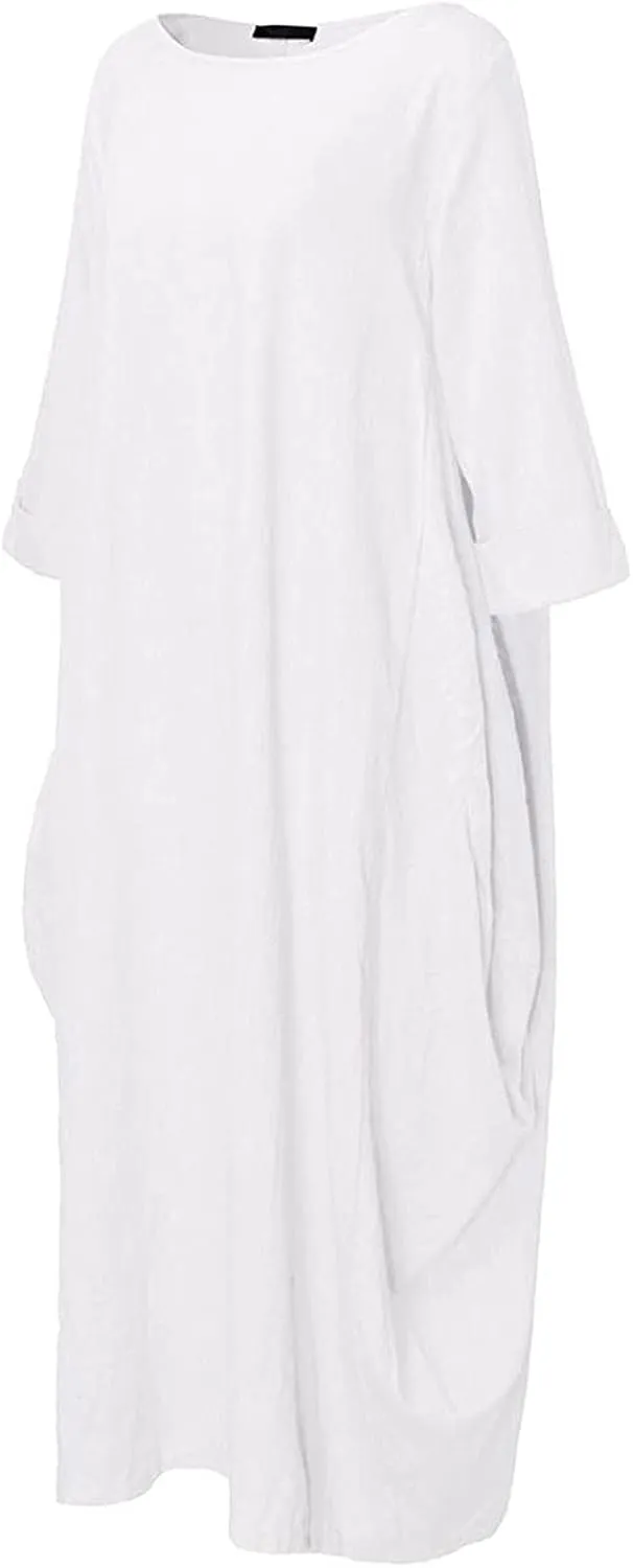 Womens Summer Loose Long Sleeve Midi Dress Cotton Linen Caftan Casual Crewneck Flowy Baggy Kaftan Dresses Pockets
