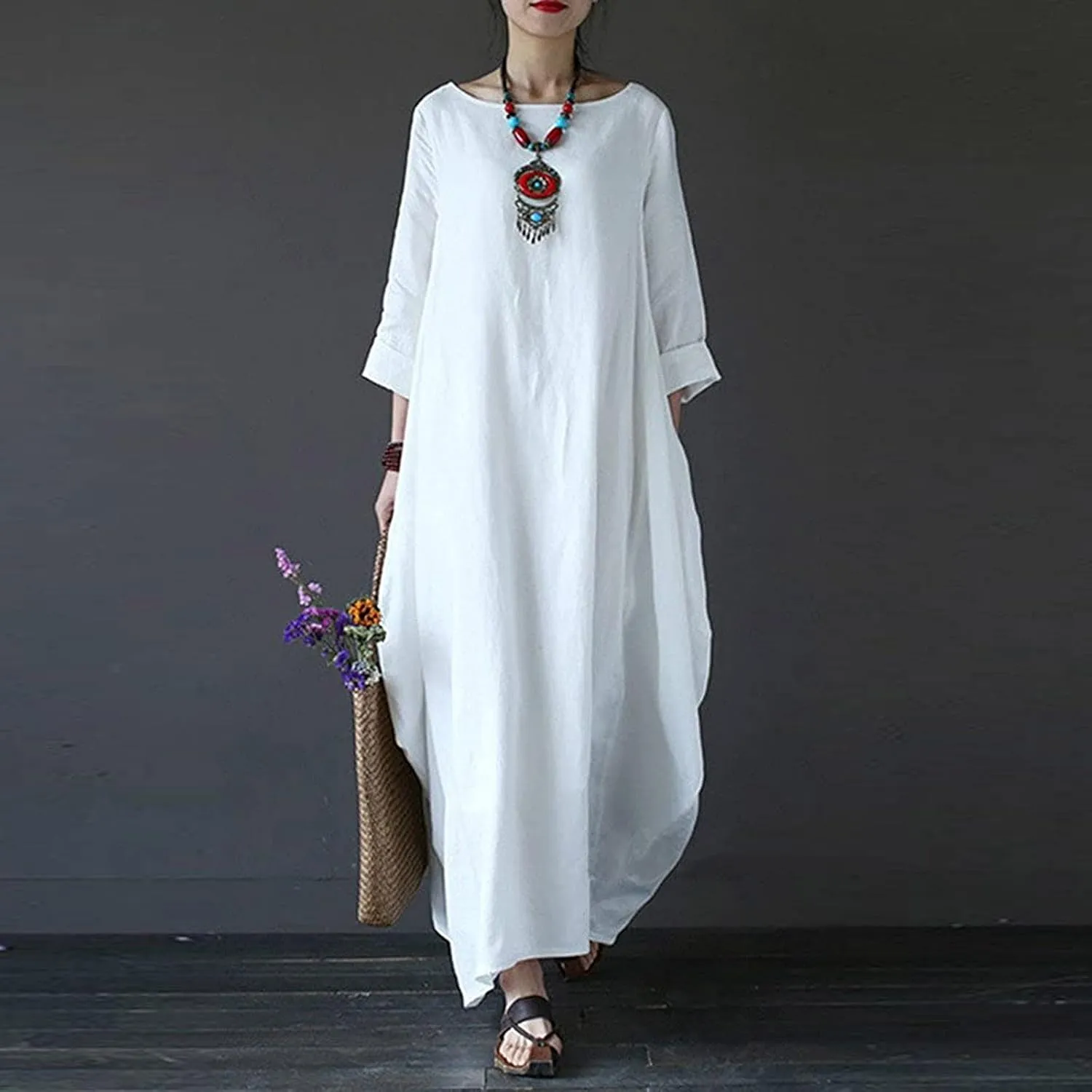 Womens Summer Loose Long Sleeve Midi Dress Cotton Linen Caftan Casual Crewneck Flowy Baggy Kaftan Dresses Pockets