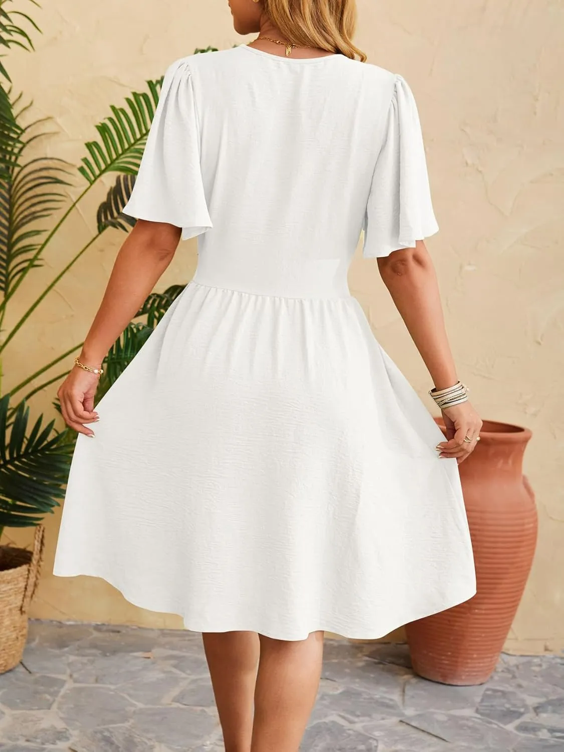 Women's Summer Ruched Wrap Dress Short Flare Sleeve V Neck Dresses Casual Midi Sundresses