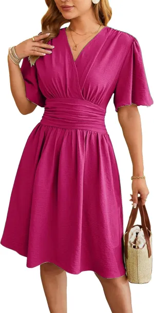 Women's Summer Ruched Wrap Dress Short Flare Sleeve V Neck Dresses Casual Midi Sundresses