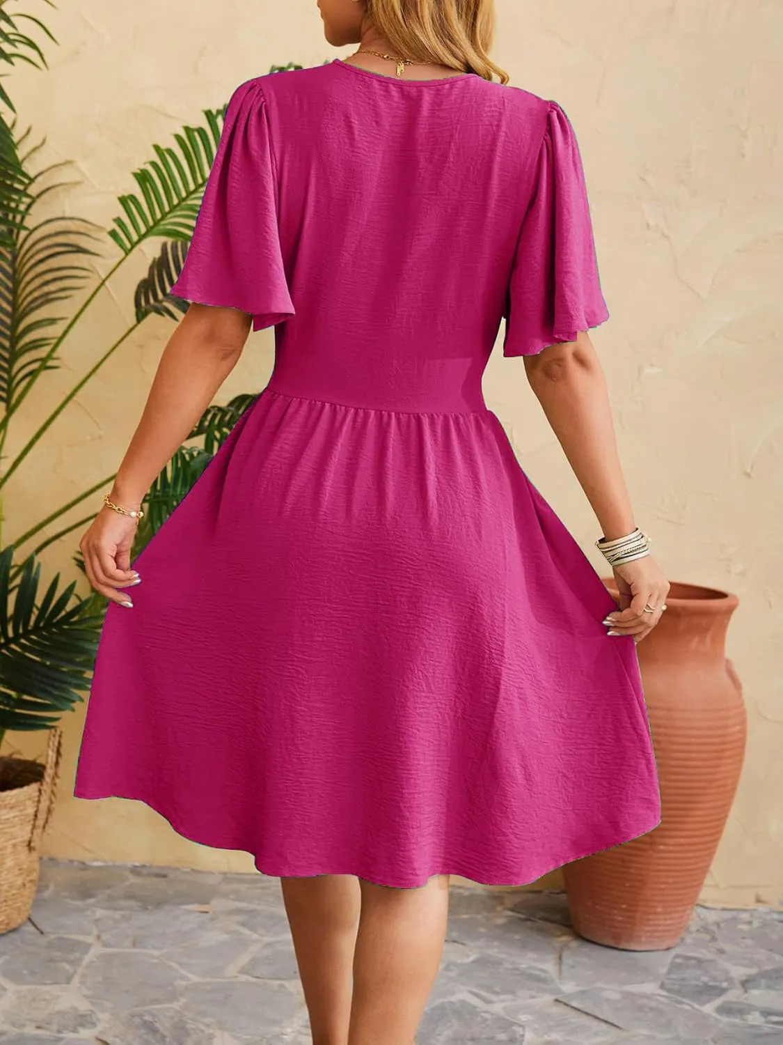 Women's Summer Ruched Wrap Dress Short Flare Sleeve V Neck Dresses Casual Midi Sundresses