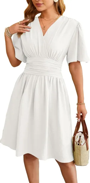Women's Summer Ruched Wrap Dress Short Flare Sleeve V Neck Dresses Casual Midi Sundresses