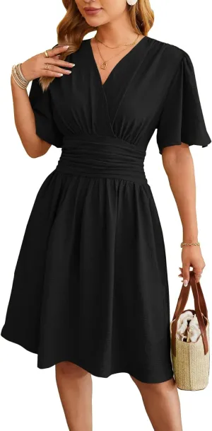 Women's Summer Ruched Wrap Dress Short Flare Sleeve V Neck Dresses Casual Midi Sundresses