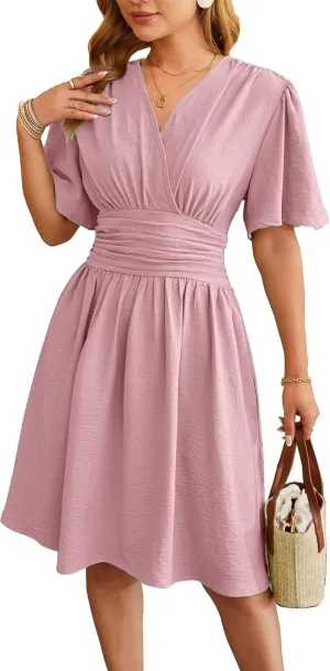 Women's Summer Ruched Wrap Dress Short Flare Sleeve V Neck Dresses Casual Midi Sundresses