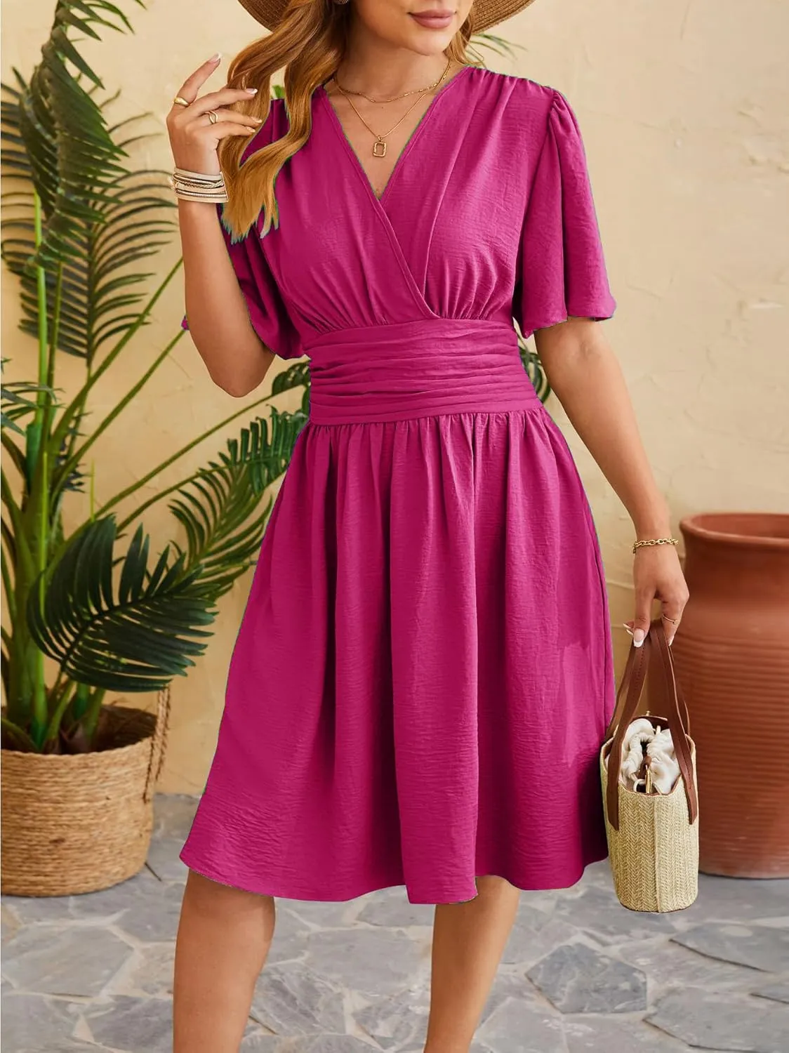 Women's Summer Ruched Wrap Dress Short Flare Sleeve V Neck Dresses Casual Midi Sundresses