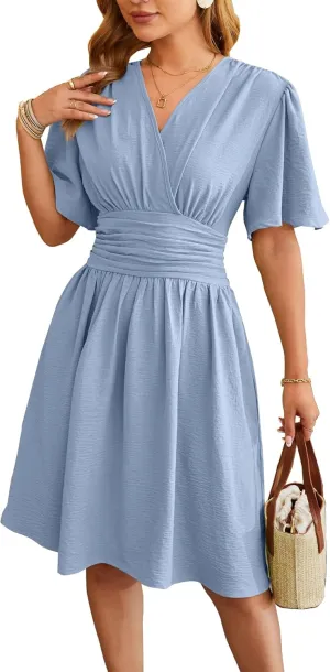 Women's Summer Ruched Wrap Dress Short Flare Sleeve V Neck Dresses Casual Midi Sundresses