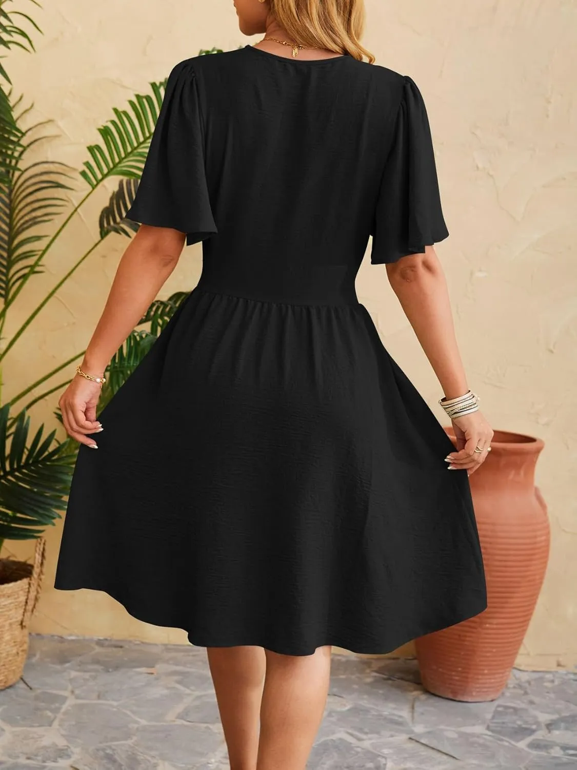 Women's Summer Ruched Wrap Dress Short Flare Sleeve V Neck Dresses Casual Midi Sundresses