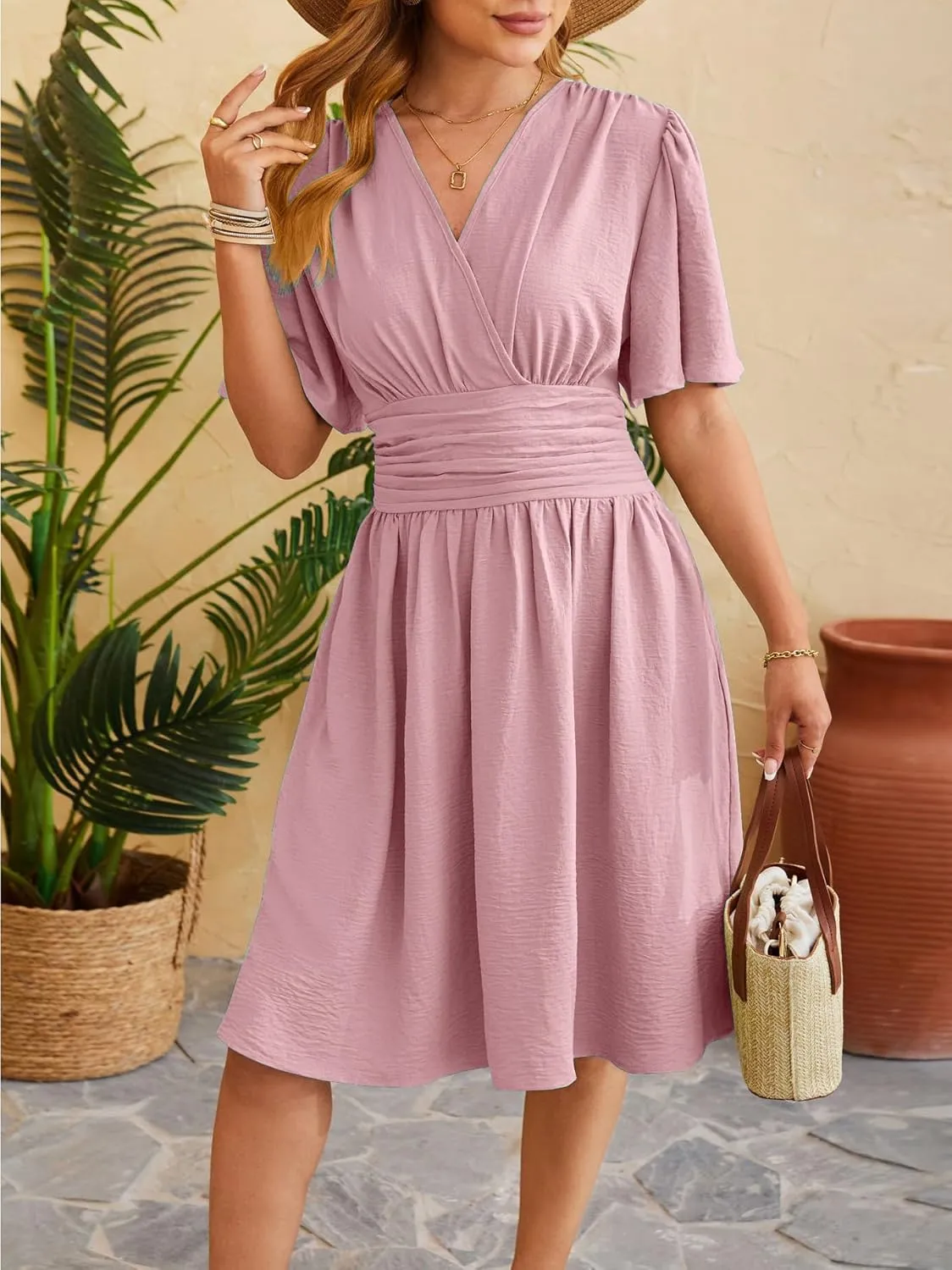 Women's Summer Ruched Wrap Dress Short Flare Sleeve V Neck Dresses Casual Midi Sundresses