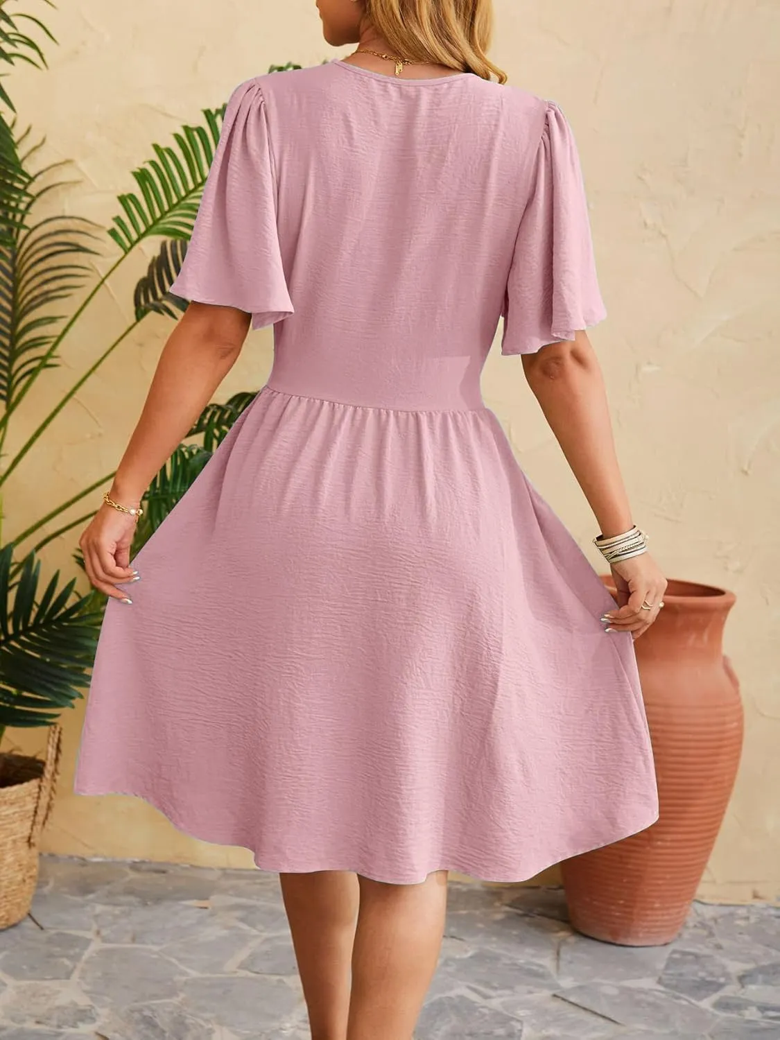 Women's Summer Ruched Wrap Dress Short Flare Sleeve V Neck Dresses Casual Midi Sundresses