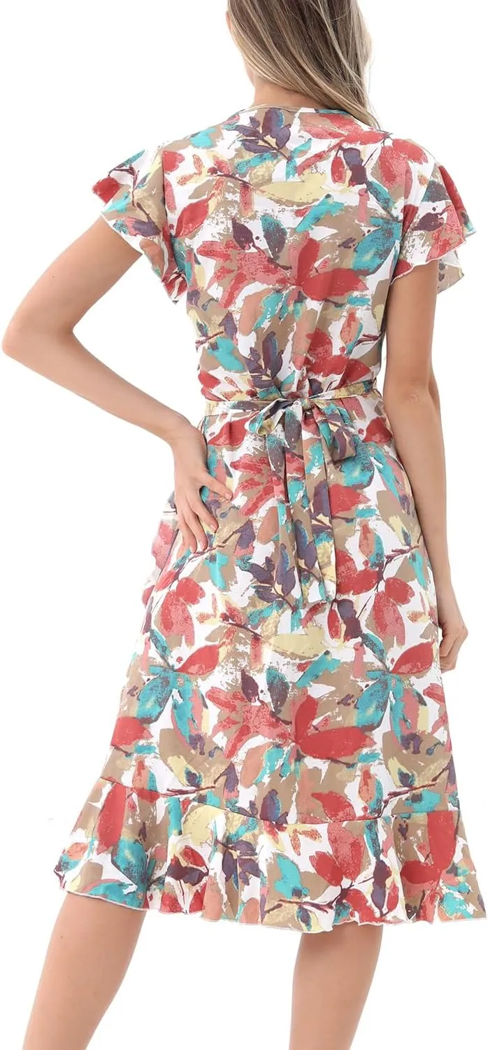 Women's Summer Sundresses Wrap Maxi Dress Casual Boho Floral V Neck Short Sleeve Ruffle Hem Split Beach Long Dresses 2025