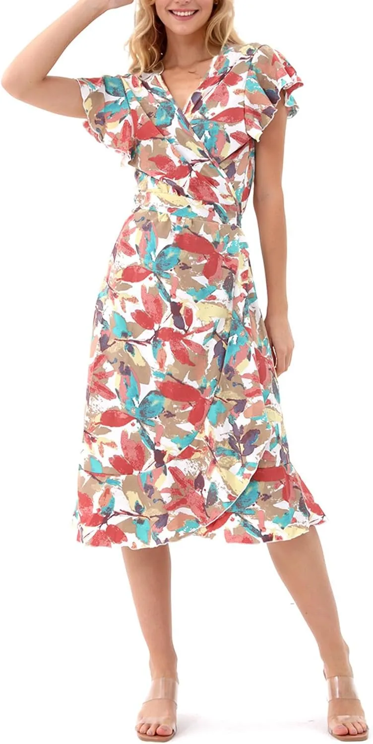 Women's Summer Sundresses Wrap Maxi Dress Casual Boho Floral V Neck Short Sleeve Ruffle Hem Split Beach Long Dresses 2025