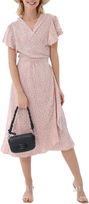 Women's Summer Sundresses Wrap Maxi Dress Casual Boho Floral V Neck Short Sleeve Ruffle Hem Split Beach Long Dresses 2025