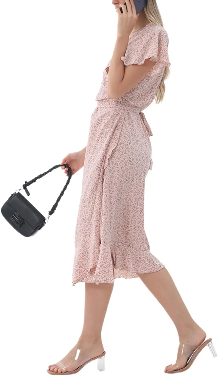 Women's Summer Sundresses Wrap Maxi Dress Casual Boho Floral V Neck Short Sleeve Ruffle Hem Split Beach Long Dresses 2025