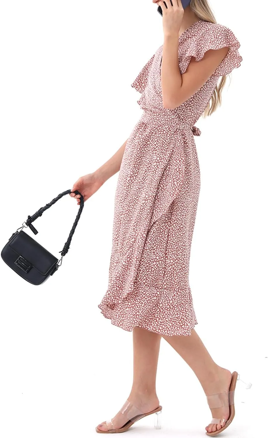 Women's Summer Sundresses Wrap Maxi Dress Casual Boho Floral V Neck Short Sleeve Ruffle Hem Split Beach Long Dresses 2025