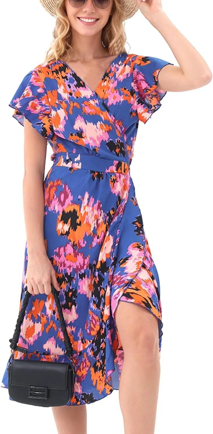 Women's Summer Sundresses Wrap Maxi Dress Casual Boho Floral V Neck Short Sleeve Ruffle Hem Split Beach Long Dresses 2025