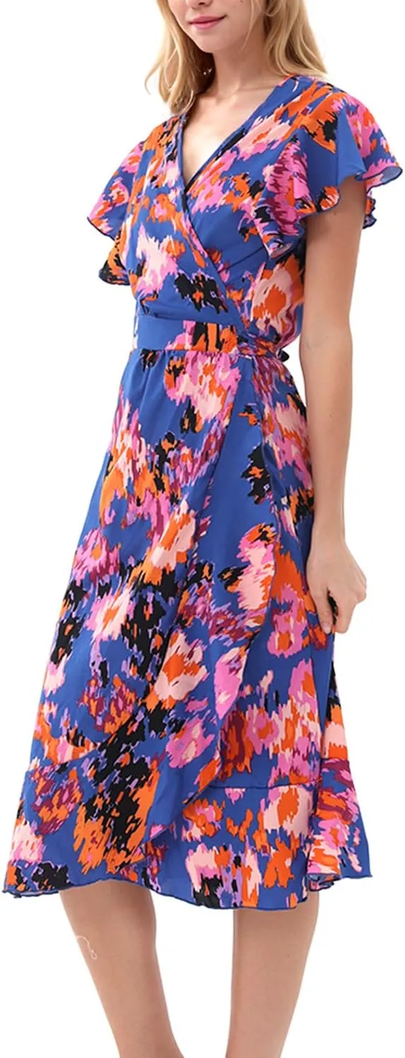 Women's Summer Sundresses Wrap Maxi Dress Casual Boho Floral V Neck Short Sleeve Ruffle Hem Split Beach Long Dresses 2025