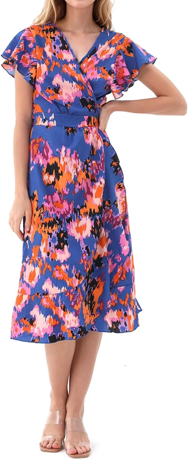 Women's Summer Sundresses Wrap Maxi Dress Casual Boho Floral V Neck Short Sleeve Ruffle Hem Split Beach Long Dresses 2025