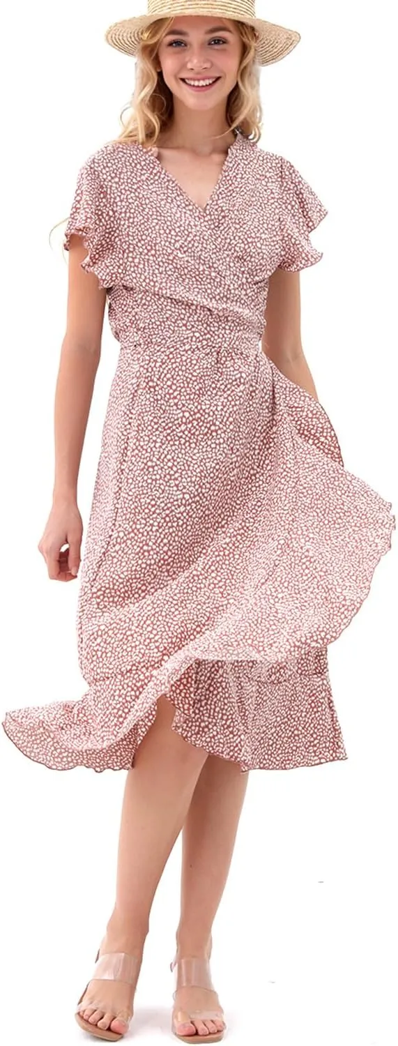 Women's Summer Sundresses Wrap Maxi Dress Casual Boho Floral V Neck Short Sleeve Ruffle Hem Split Beach Long Dresses 2025