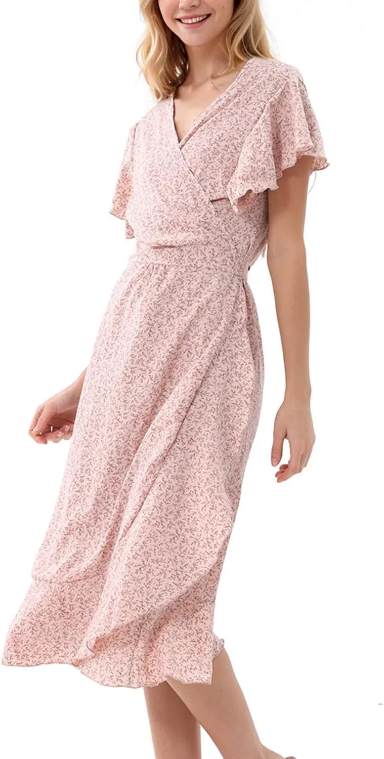 Women's Summer Sundresses Wrap Maxi Dress Casual Boho Floral V Neck Short Sleeve Ruffle Hem Split Beach Long Dresses 2025