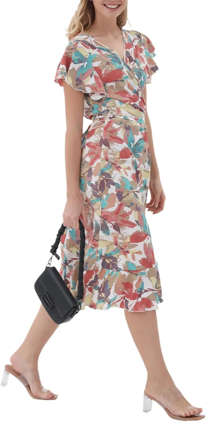 Women's Summer Sundresses Wrap Maxi Dress Casual Boho Floral V Neck Short Sleeve Ruffle Hem Split Beach Long Dresses 2025