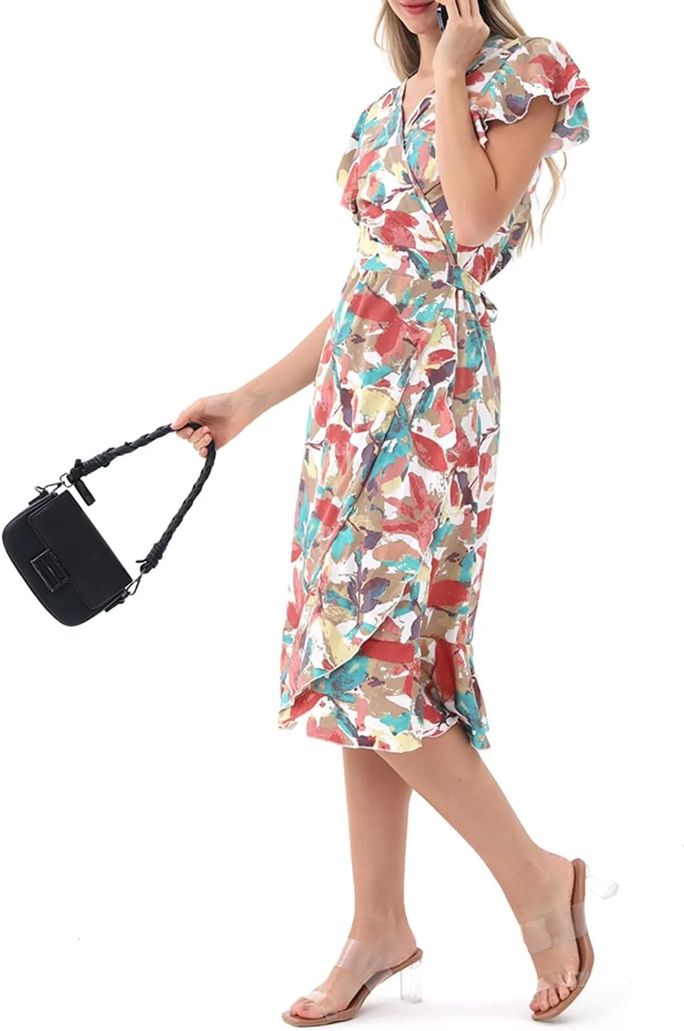 Women's Summer Sundresses Wrap Maxi Dress Casual Boho Floral V Neck Short Sleeve Ruffle Hem Split Beach Long Dresses 2025