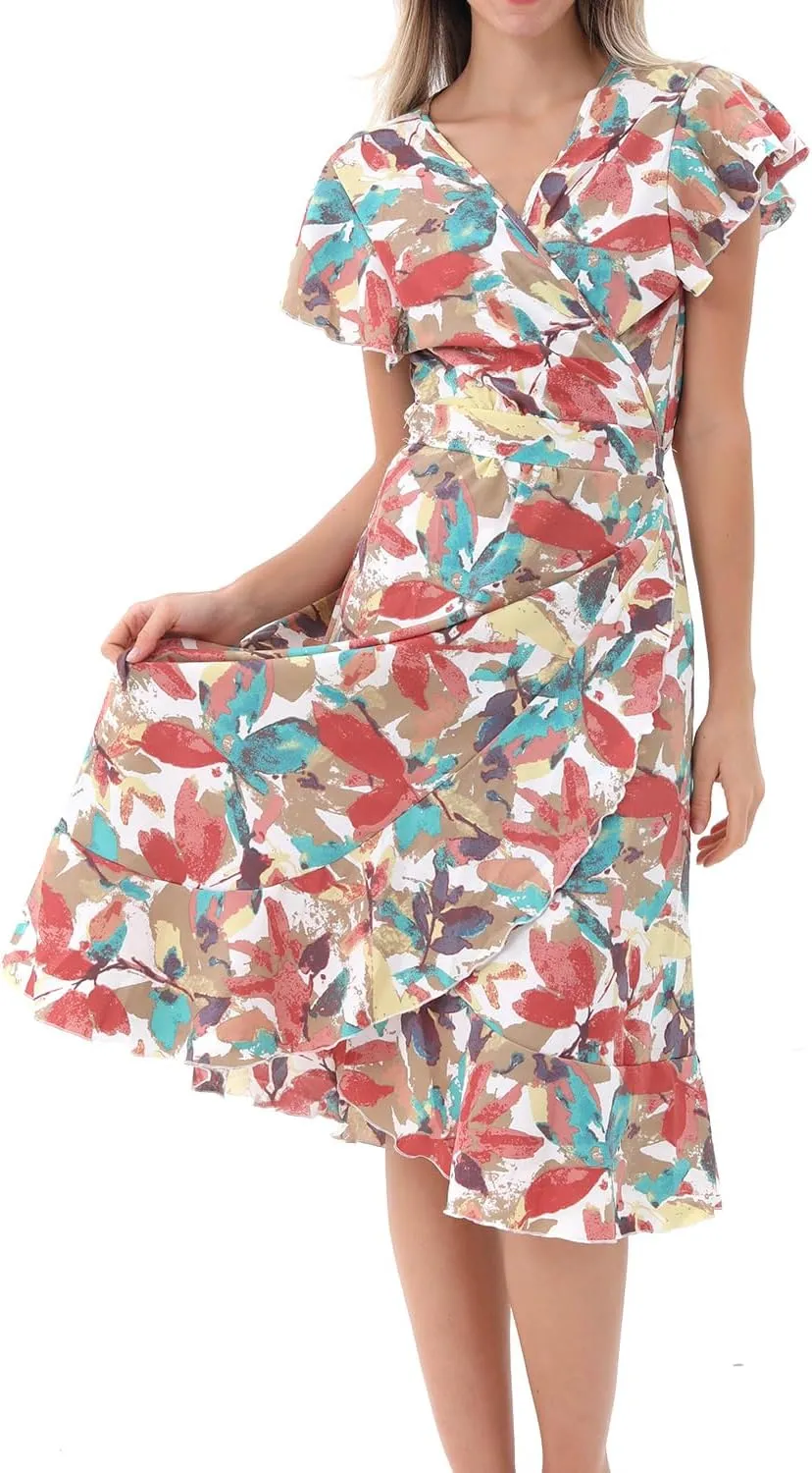 Women's Summer Sundresses Wrap Maxi Dress Casual Boho Floral V Neck Short Sleeve Ruffle Hem Split Beach Long Dresses 2025