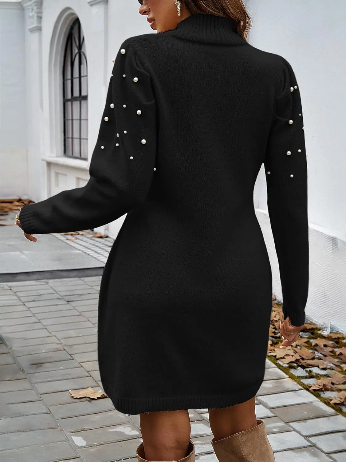 Women's Turtleneck Long Sleeve Knit Slim Elegant Style Sweater Bodycon Pearl Decoration Sweater Dress
