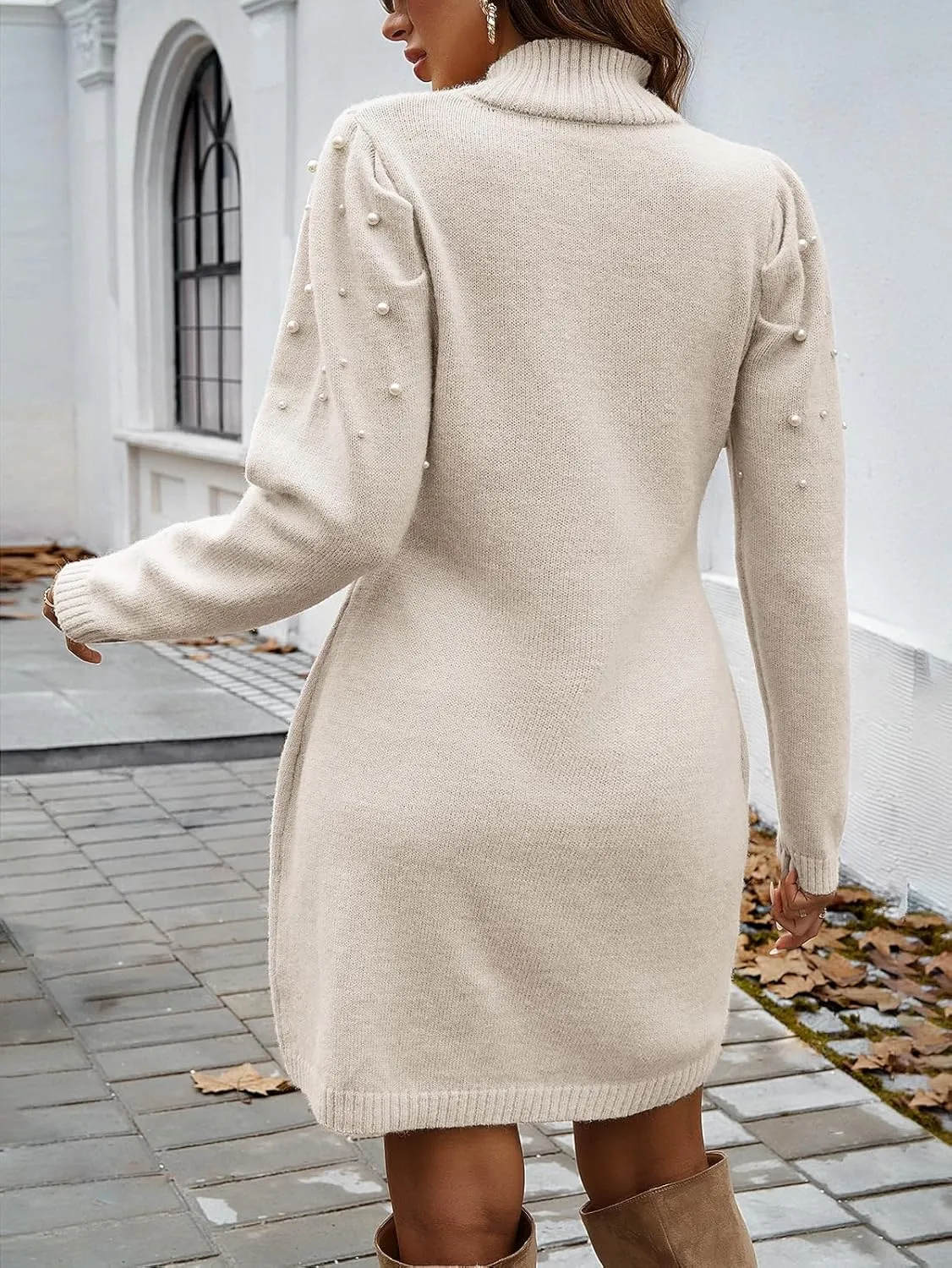 Women's Turtleneck Long Sleeve Knit Slim Elegant Style Sweater Bodycon Pearl Decoration Sweater Dress