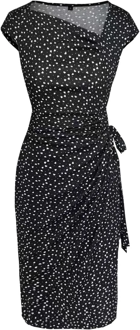 Women's Vintage Cap Sleeves Asymmetrical Neckline Sheath Bodycon Casual Work Cocktail Party Pencil Faux Wrap Dresses
