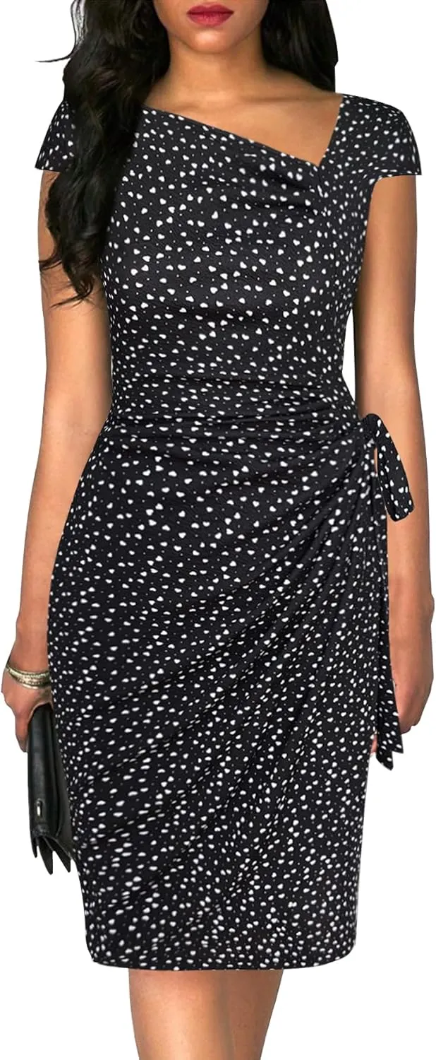 Women's Vintage Cap Sleeves Asymmetrical Neckline Sheath Bodycon Casual Work Cocktail Party Pencil Faux Wrap Dresses