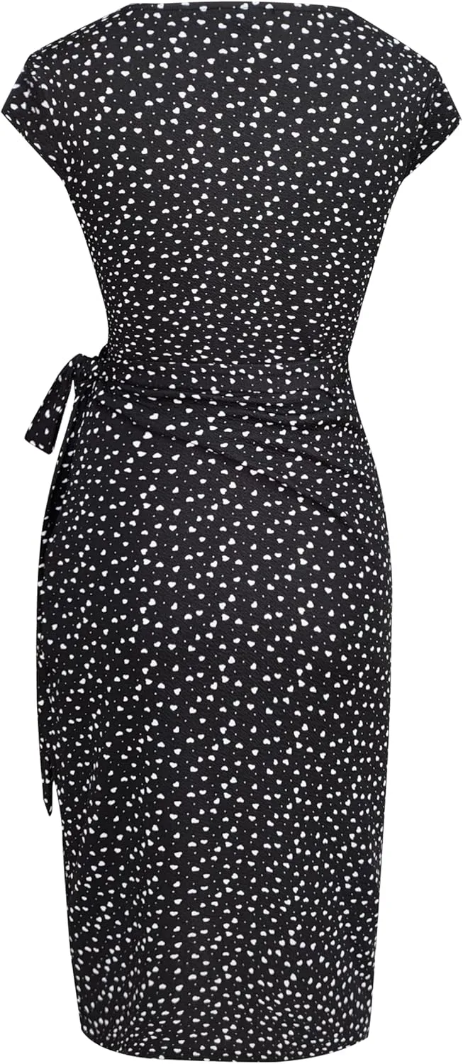 Women's Vintage Cap Sleeves Asymmetrical Neckline Sheath Bodycon Casual Work Cocktail Party Pencil Faux Wrap Dresses