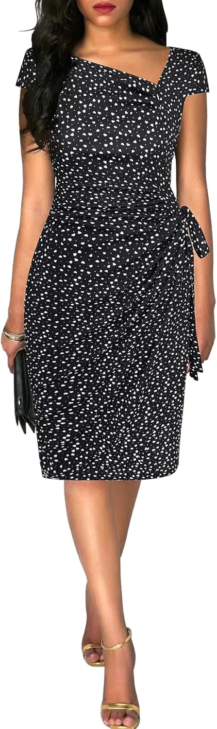 Women's Vintage Cap Sleeves Asymmetrical Neckline Sheath Bodycon Casual Work Cocktail Party Pencil Faux Wrap Dresses